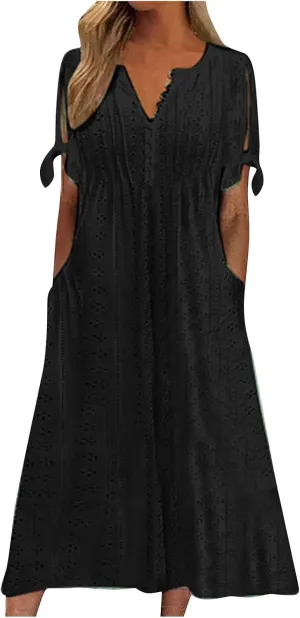 Eyelet Dresses for Women 2025 Midi Tie Knot Short Sleeve Summer Dresses Buttons Crew Neck Flowy Beach Dress with Pockets
