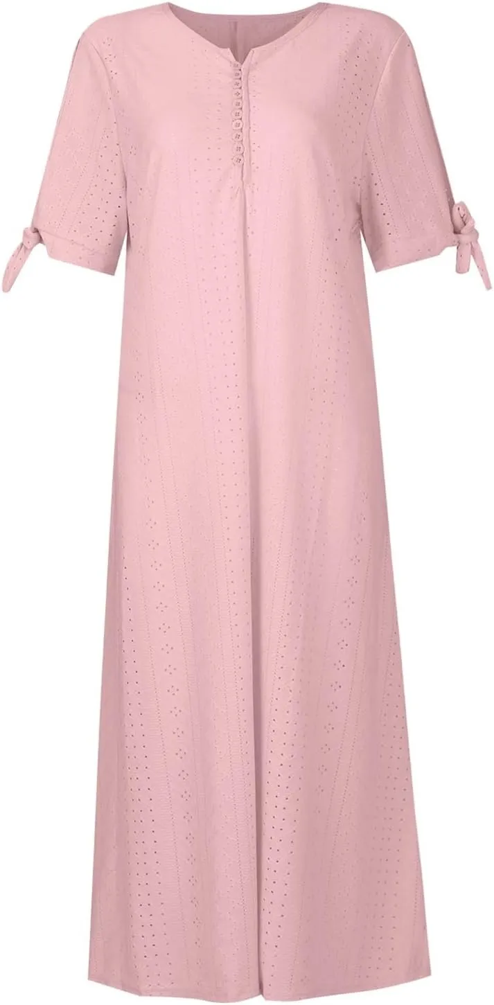Eyelet Dresses for Women 2025 Midi Tie Knot Short Sleeve Summer Dresses Buttons Crew Neck Flowy Beach Dress with Pockets