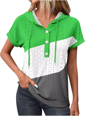 Eyelet Tops for Women 2025 Trendy Summer Hoodies Short Sleeve Button Up Casual Loose Fit Embroidery Shirts Blouses