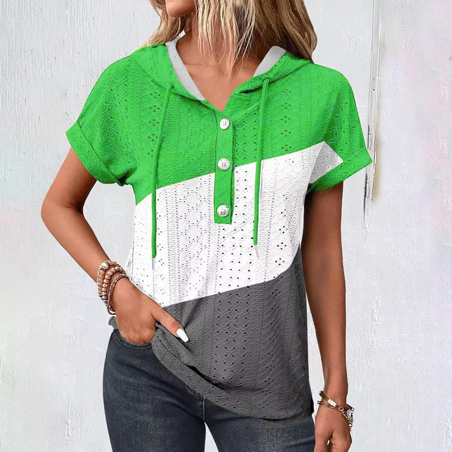 Eyelet Tops for Women 2025 Trendy Summer Hoodies Short Sleeve Button Up Casual Loose Fit Embroidery Shirts Blouses