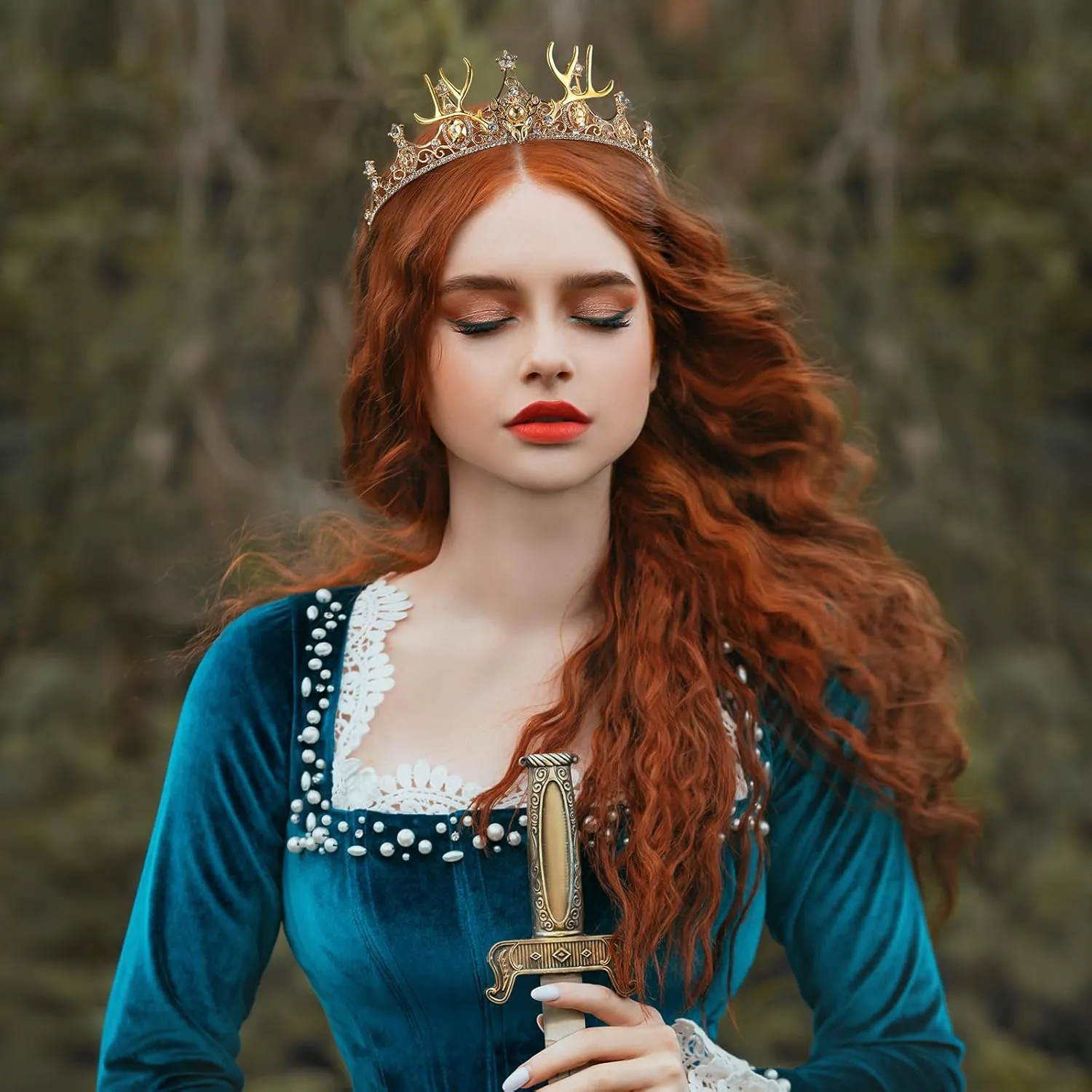 Fairy Elf Antler Crown -Medieval Viking Antlers Headband Celtic Royal Rhinestone Elf Circlet for Halloween Costume