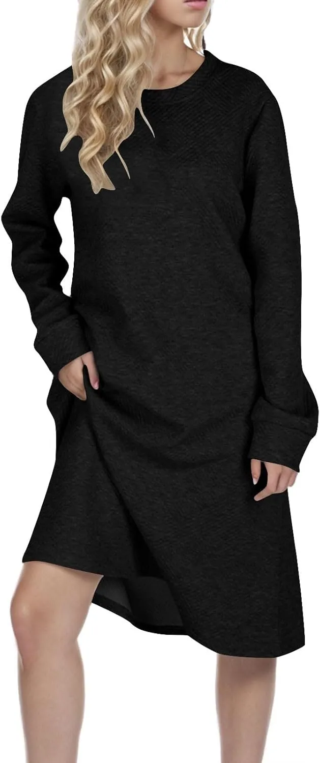 Fall Dresses for Women 2024 Trendy Long Sleeve Crewneck Causal Dress Fall Fashion Solid T-Shirt Dress Outfits Clothes