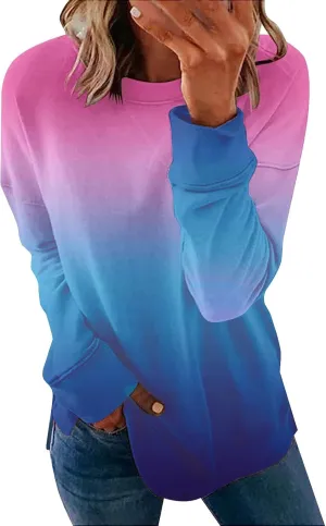 Fall Neon Gradient Women Sweat Shirts Casual Crew Neck Sweatshirts Loose Oversized Long Sleeve Pullover Tops