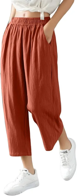 fanmpghleoo Wide Leg Linen Pants for Women Cropped High Waisted Linen Pants Women Summer Casual Pull On Capris with Pockets
