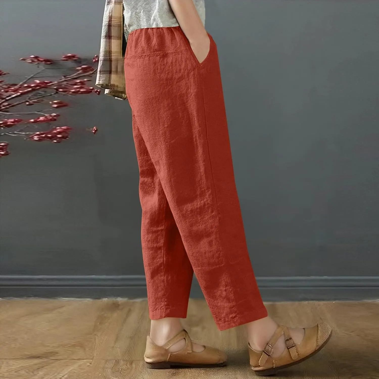 fanmpghleoo Wide Leg Linen Pants for Women Cropped High Waisted Linen Pants Women Summer Casual Pull On Capris with Pockets