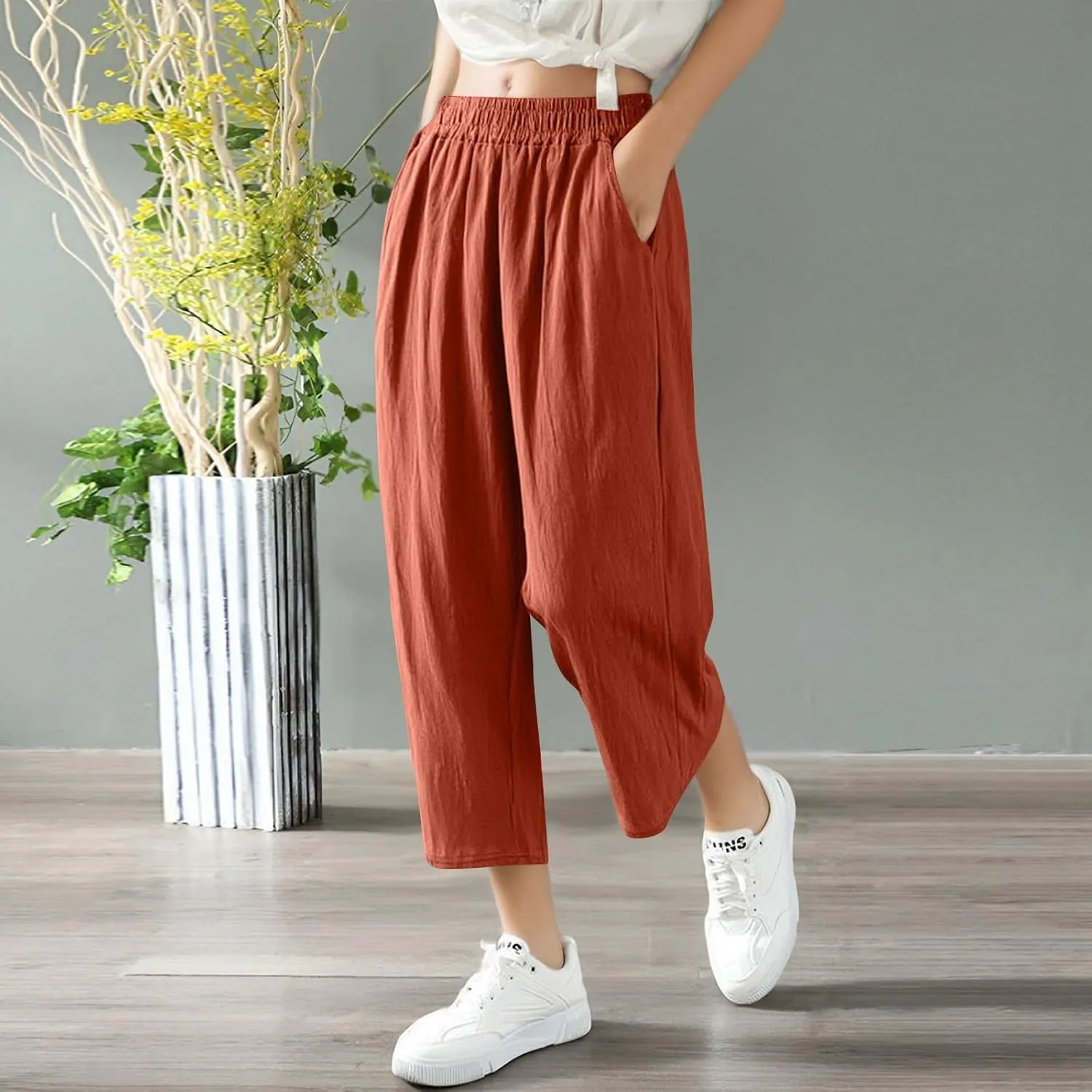 fanmpghleoo Wide Leg Linen Pants for Women Cropped High Waisted Linen Pants Women Summer Casual Pull On Capris with Pockets