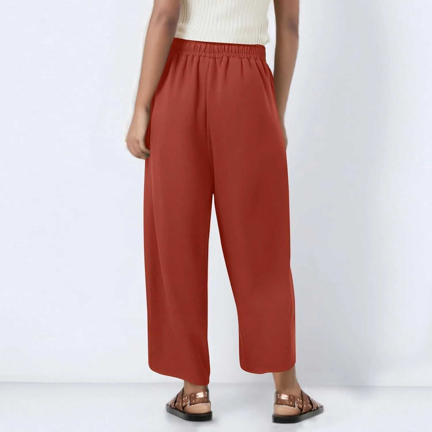 fanmpghleoo Wide Leg Linen Pants for Women Cropped High Waisted Linen Pants Women Summer Casual Pull On Capris with Pockets