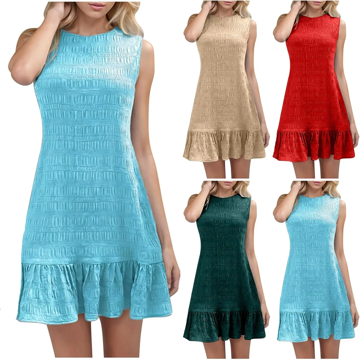 fartey Womens Summer Dresses 2025 Sleeveless Crewneck Casual Dresses Loose Fit Ruffle Swing A Line Midi Dress Sundresses