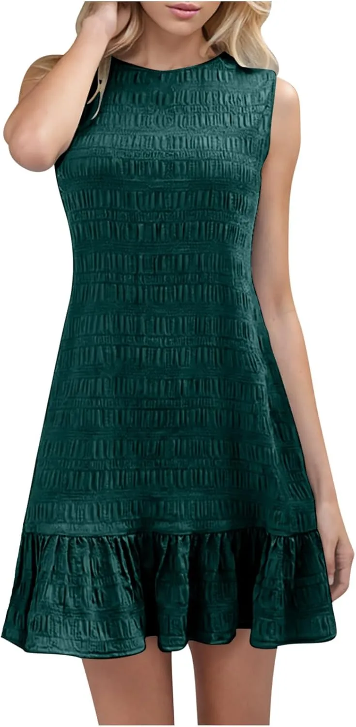 fartey Womens Summer Dresses 2025 Sleeveless Crewneck Casual Dresses Loose Fit Ruffle Swing A Line Midi Dress Sundresses