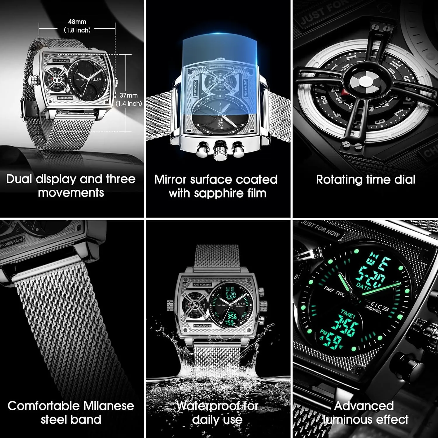 FEICE Mens Square Qaurtz Watches-Big Face Two Time Zone, Waterproof Chronograph, Alarm, Date, Stainless Steel Band Digital Analog Watch for Men