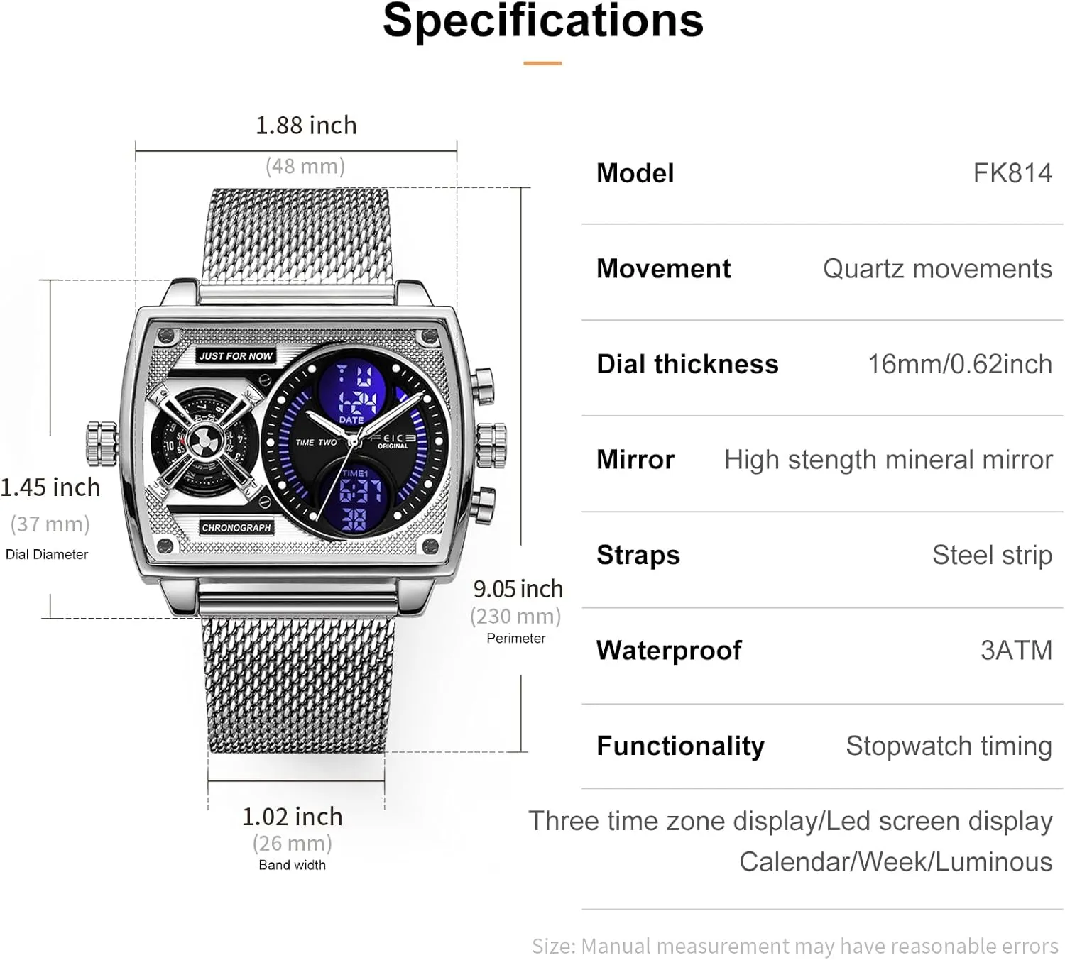 FEICE Mens Square Qaurtz Watches-Big Face Two Time Zone, Waterproof Chronograph, Alarm, Date, Stainless Steel Band Digital Analog Watch for Men