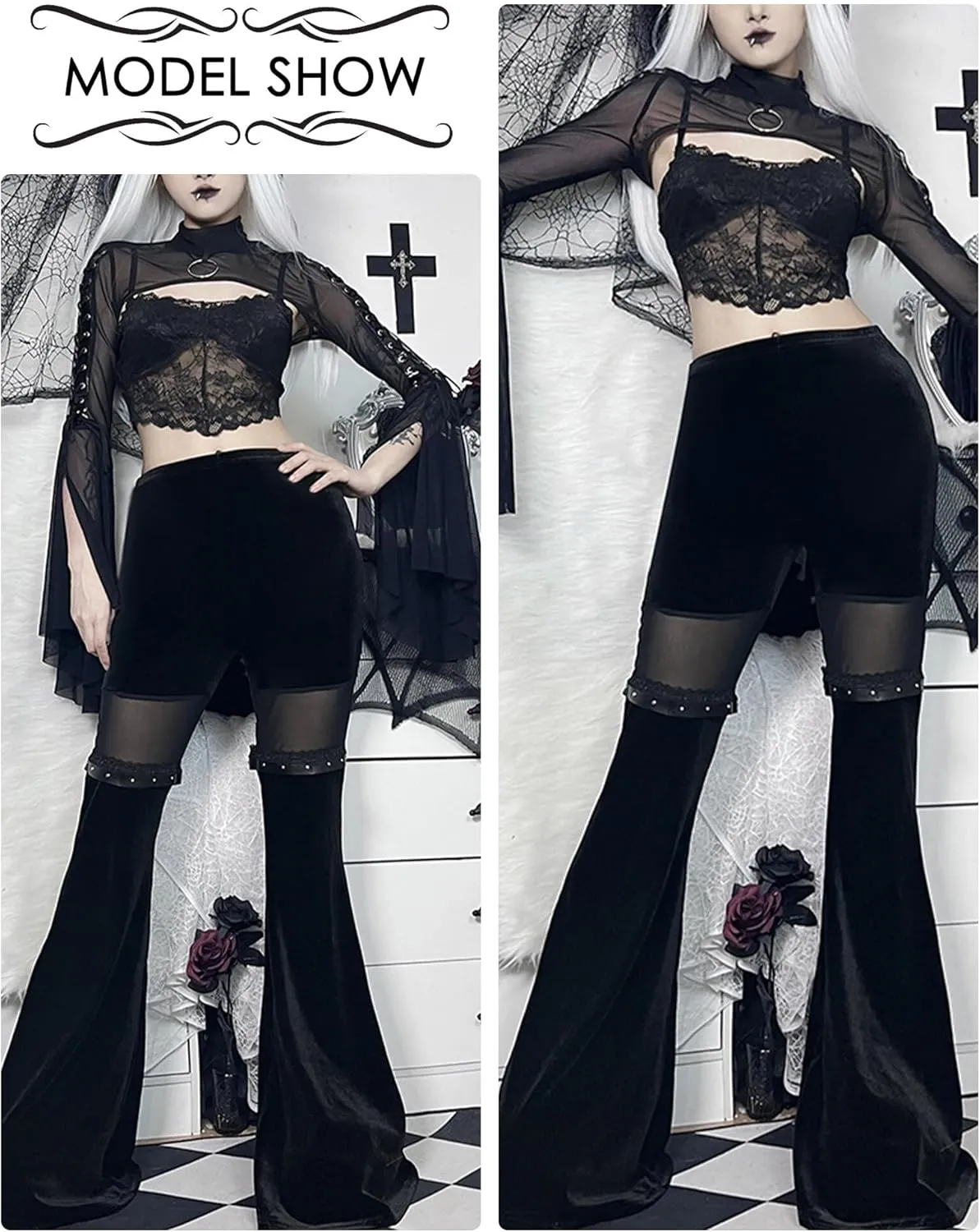 FEOYA Goth Flare Pants Punk Gothic Clothes for Women Lace Velvet Bell Bottom Leggings Black High Waist Emo Trousers