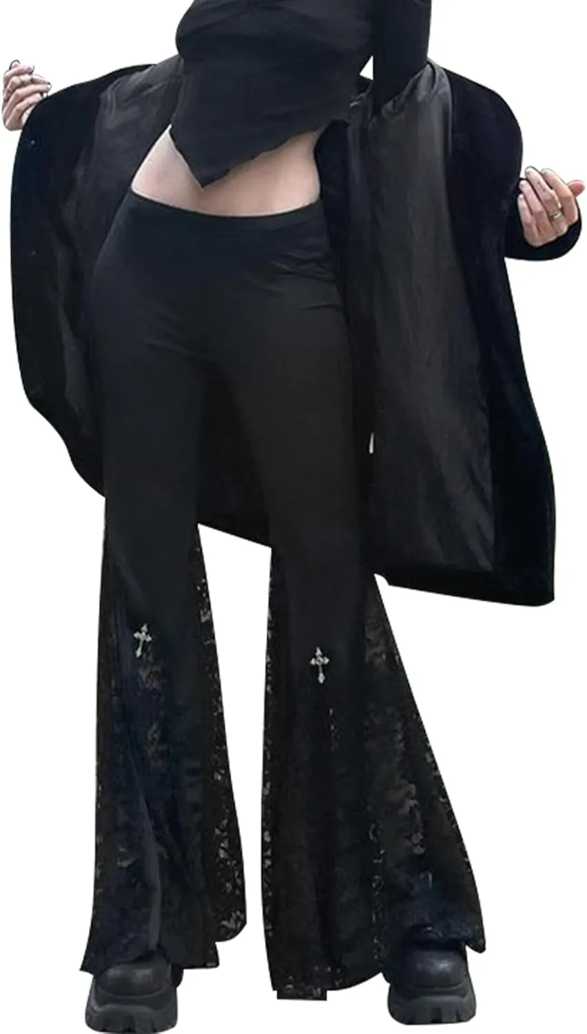 FEOYA Goth Flare Pants Punk Gothic Clothes for Women Lace Velvet Bell Bottom Leggings Black High Waist Emo Trousers