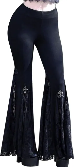 FEOYA Goth Flare Pants Punk Gothic Clothes for Women Lace Velvet Bell Bottom Leggings Black High Waist Emo Trousers