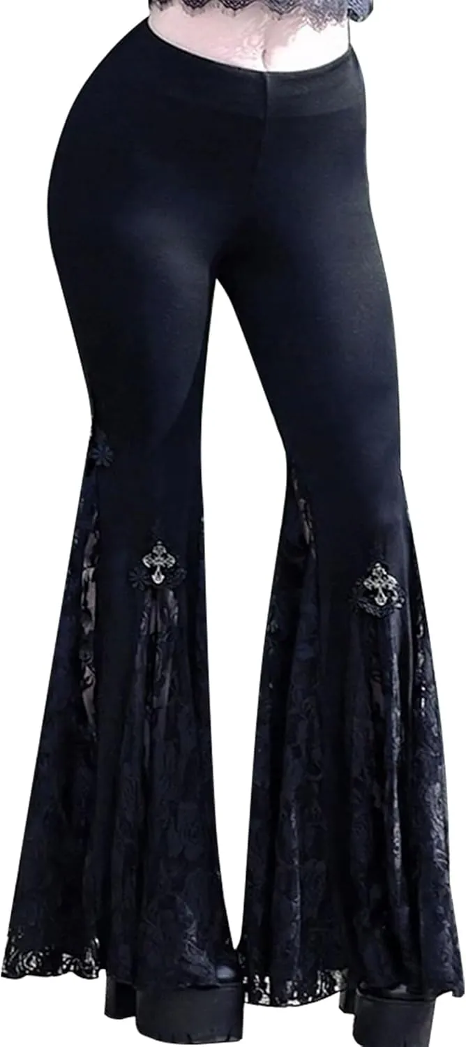 FEOYA Goth Flare Pants Punk Gothic Clothes for Women Lace Velvet Bell Bottom Leggings Black High Waist Emo Trousers