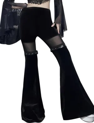 FEOYA Goth Flare Pants Punk Gothic Clothes for Women Lace Velvet Bell Bottom Leggings Black High Waist Emo Trousers