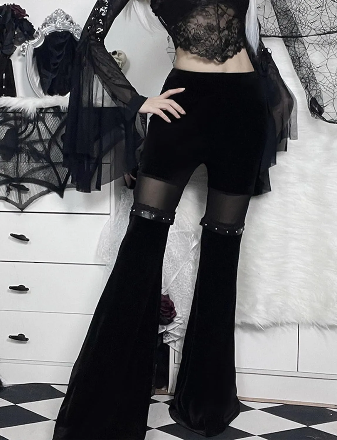 FEOYA Goth Flare Pants Punk Gothic Clothes for Women Lace Velvet Bell Bottom Leggings Black High Waist Emo Trousers