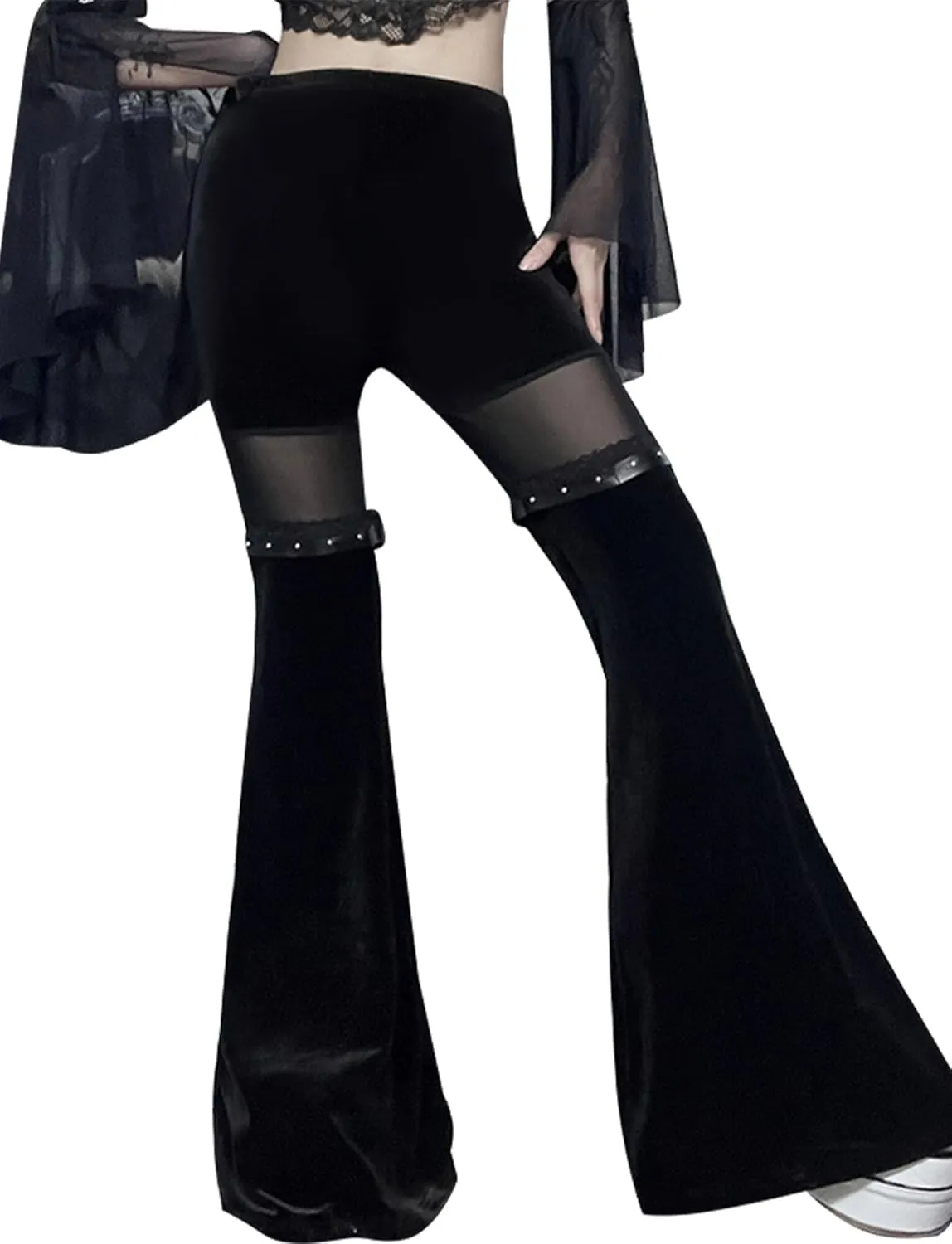 FEOYA Goth Flare Pants Punk Gothic Clothes for Women Lace Velvet Bell Bottom Leggings Black High Waist Emo Trousers