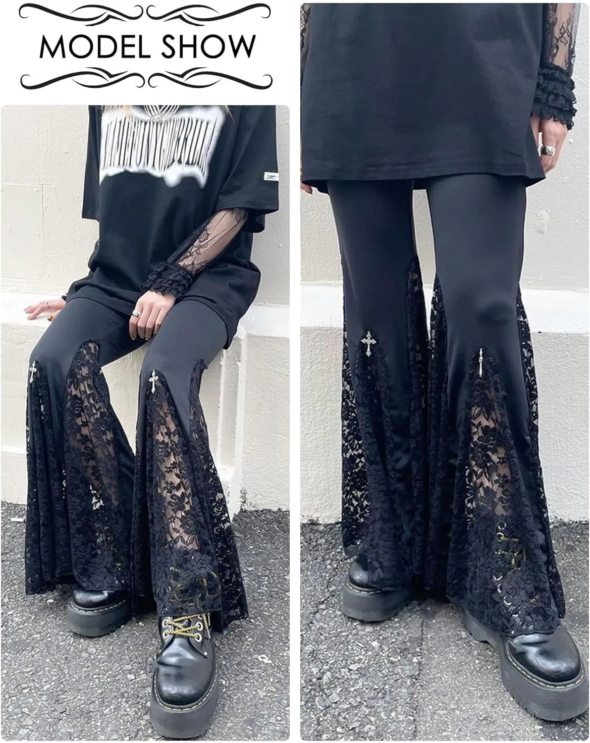 FEOYA Goth Flare Pants Punk Gothic Clothes for Women Lace Velvet Bell Bottom Leggings Black High Waist Emo Trousers