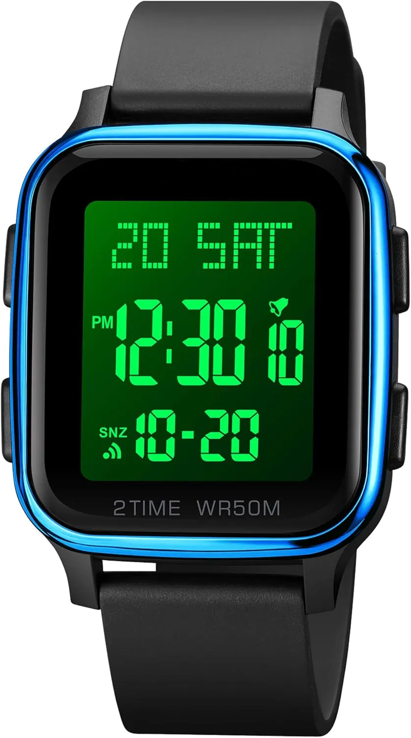 findtime LED Digital Watch Mens Womens Black Rectangle Square Face Big Numbers Dial Unisex Watches Sports Waterproof Dual Time Stopwatch Fashion Simple Wristwatch