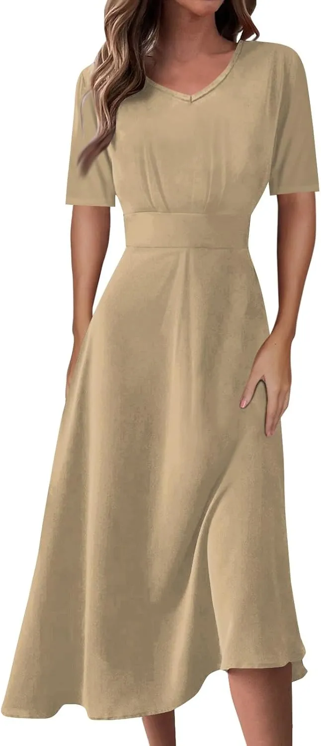 FlekmanArt Midi Dresses for Women A-Line Printing Swing Dress Short Sleeve Maxi Dress Waist V Neck Dressy Beach Dress