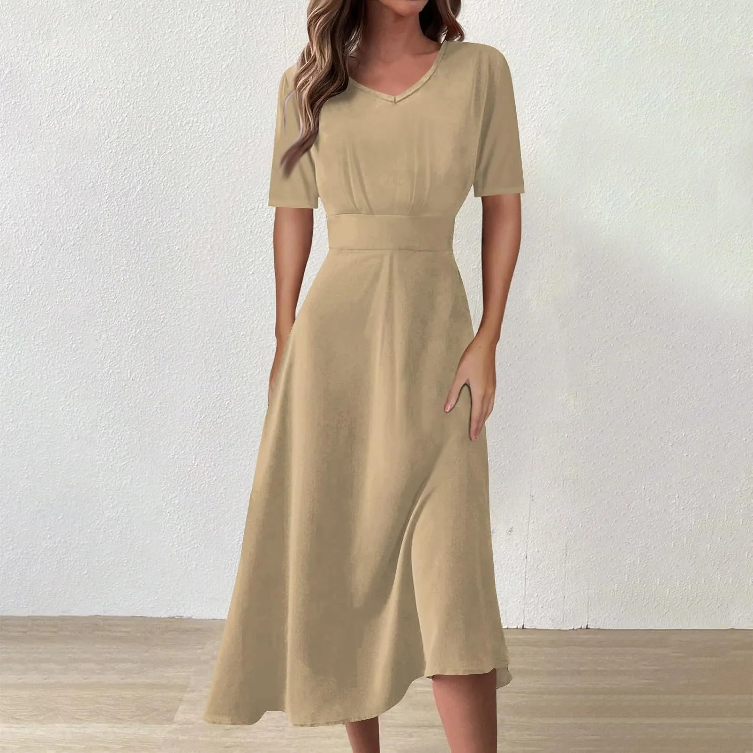 FlekmanArt Midi Dresses for Women A-Line Printing Swing Dress Short Sleeve Maxi Dress Waist V Neck Dressy Beach Dress