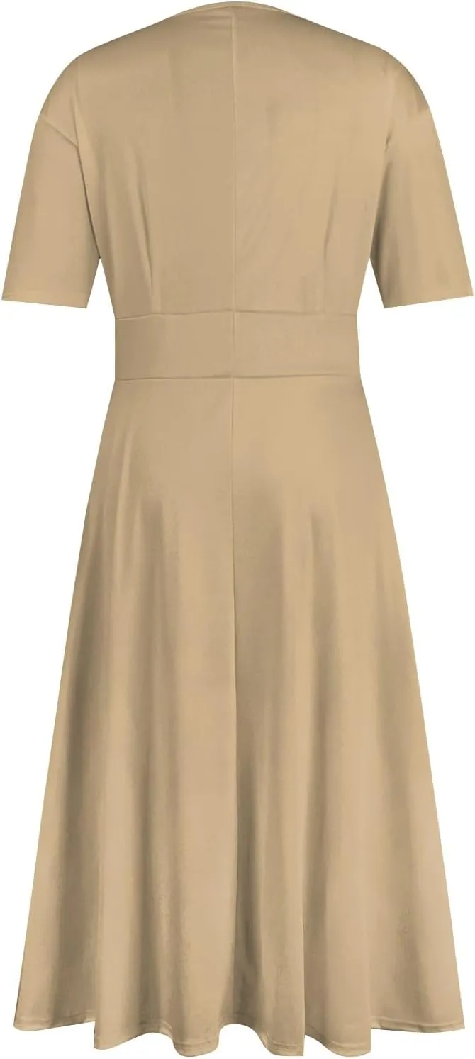 FlekmanArt Midi Dresses for Women A-Line Printing Swing Dress Short Sleeve Maxi Dress Waist V Neck Dressy Beach Dress