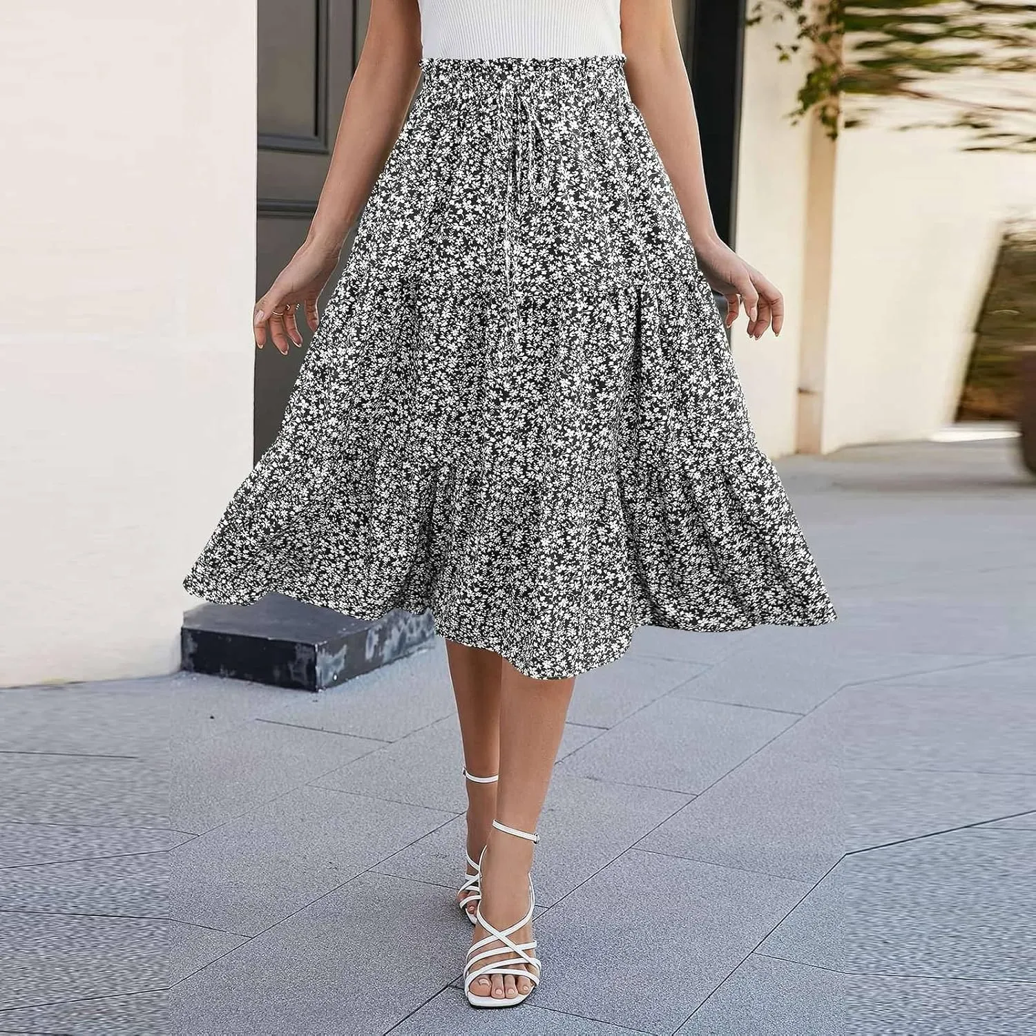 Floral Maxi Skirt for Women Summer Comfy Tiered Elastic High Waisted Boho Skirts Vacation A-Line Flowy Swing Long Skirts