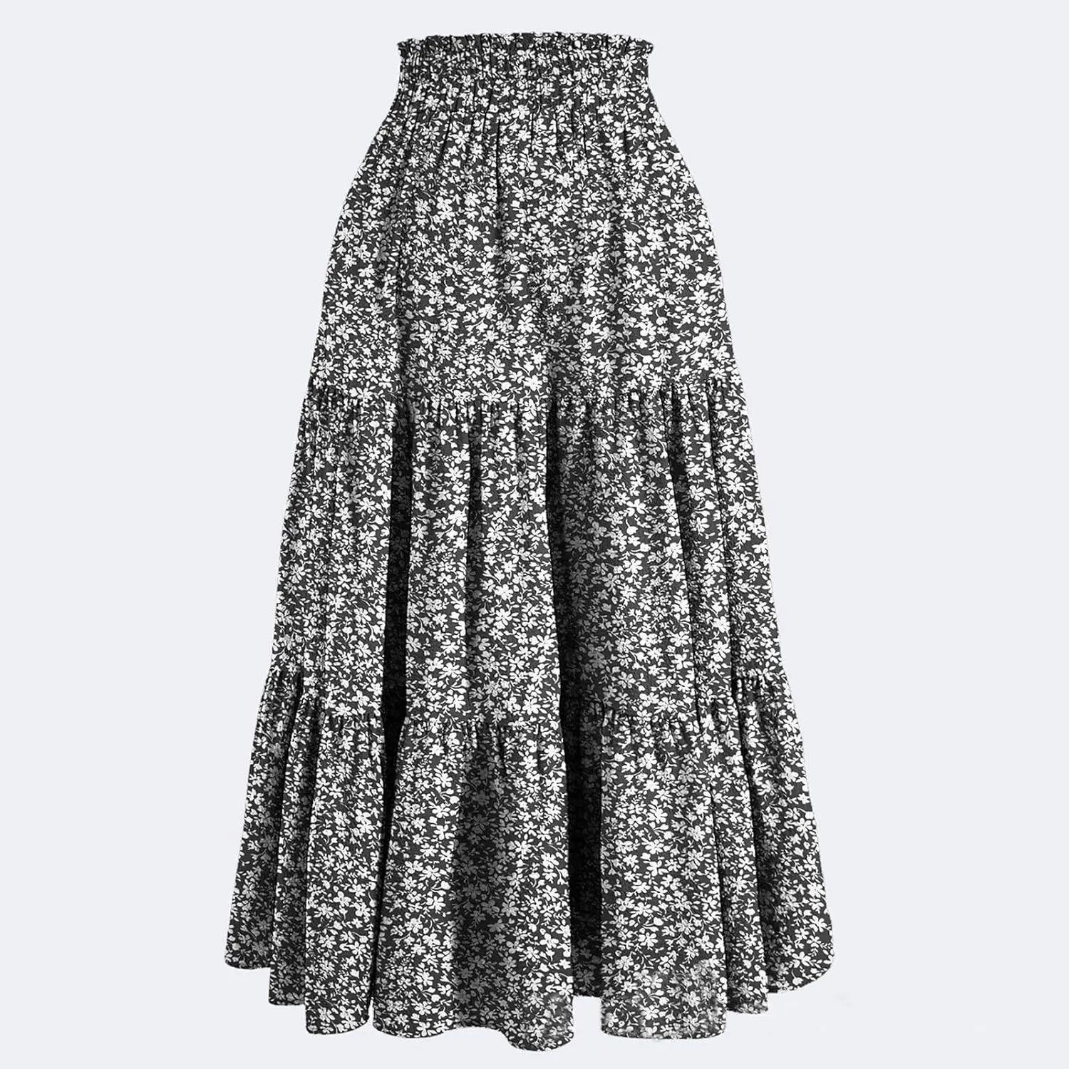 Floral Maxi Skirt for Women Summer Comfy Tiered Elastic High Waisted Boho Skirts Vacation A-Line Flowy Swing Long Skirts