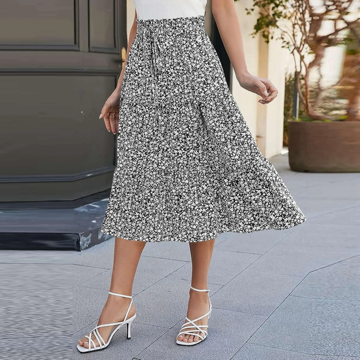 Floral Maxi Skirt for Women Summer Comfy Tiered Elastic High Waisted Boho Skirts Vacation A-Line Flowy Swing Long Skirts