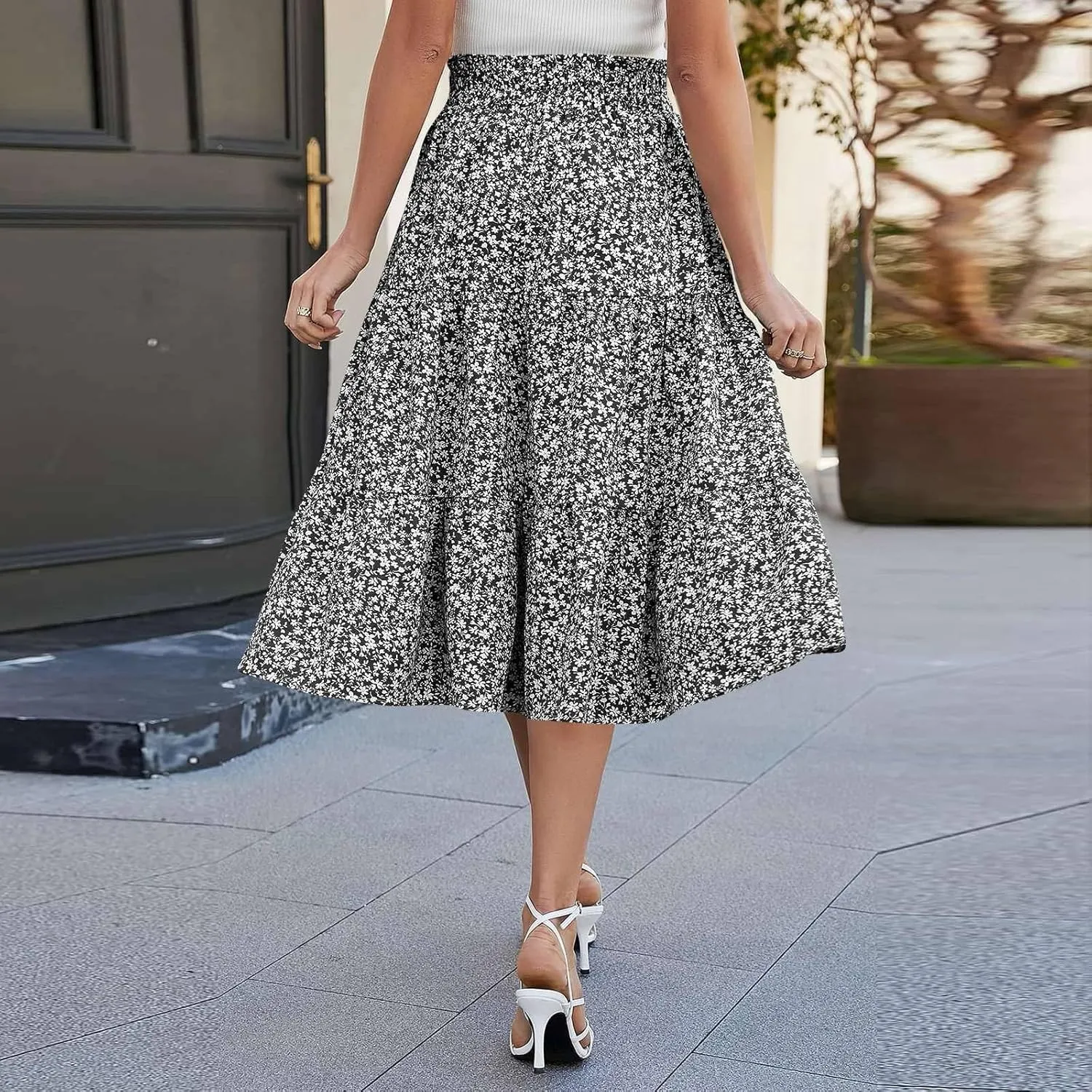 Floral Maxi Skirt for Women Summer Comfy Tiered Elastic High Waisted Boho Skirts Vacation A-Line Flowy Swing Long Skirts