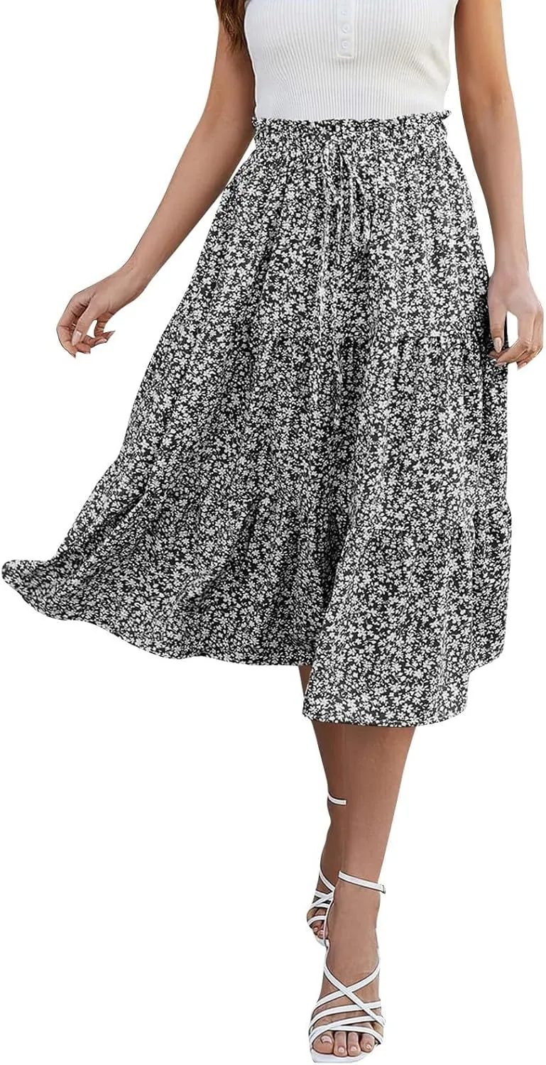 Floral Maxi Skirt for Women Summer Comfy Tiered Elastic High Waisted Boho Skirts Vacation A-Line Flowy Swing Long Skirts