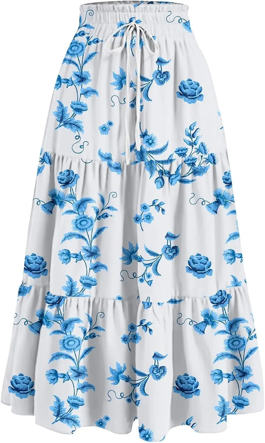 Floral Skirts for Women 2025 Summer High Waist Tiered Pleated Flowy Tiered A-Line Boho Long Maxi Skirts