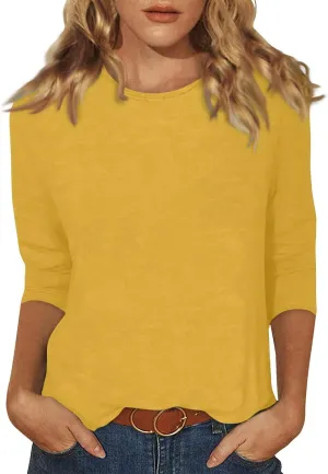 FONMA 3/4 Sleeve Tops for Women Casual Solid/Floral Printed Crewneck T Shirt Loose Fit Three Quarter Length Tunic Top Blouse
