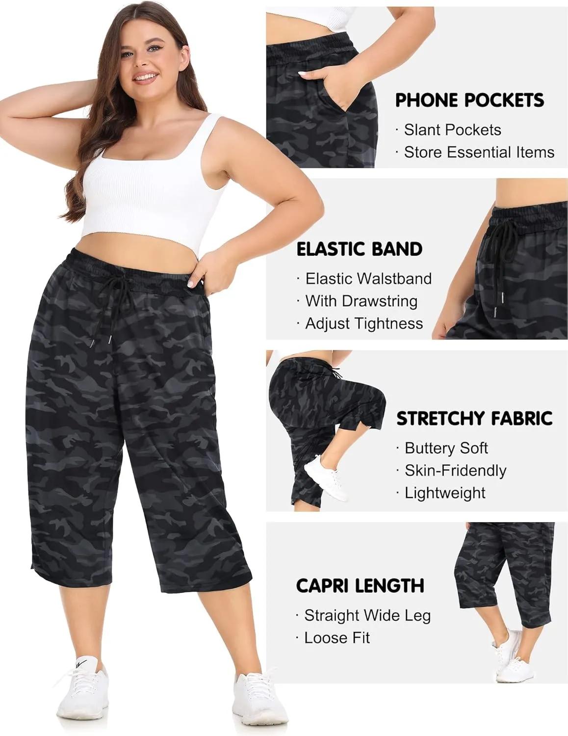 FOREYOND Plus Size Capri Pants for Women Loose Fit Yoga Pants with Pockets Workout Activewear Sweatpants