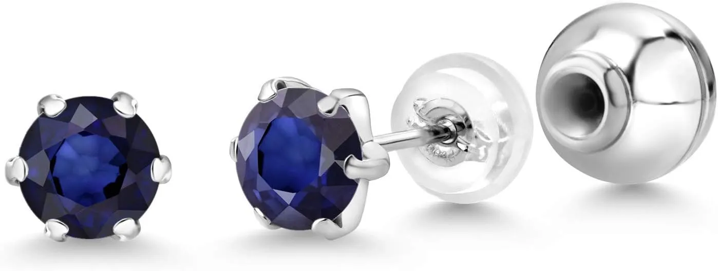 Gem Stone King Blue Sapphire Women Stud Earrings in Platinum (1.12 Cttw, Gemstone Birthstone, Round 5MM)