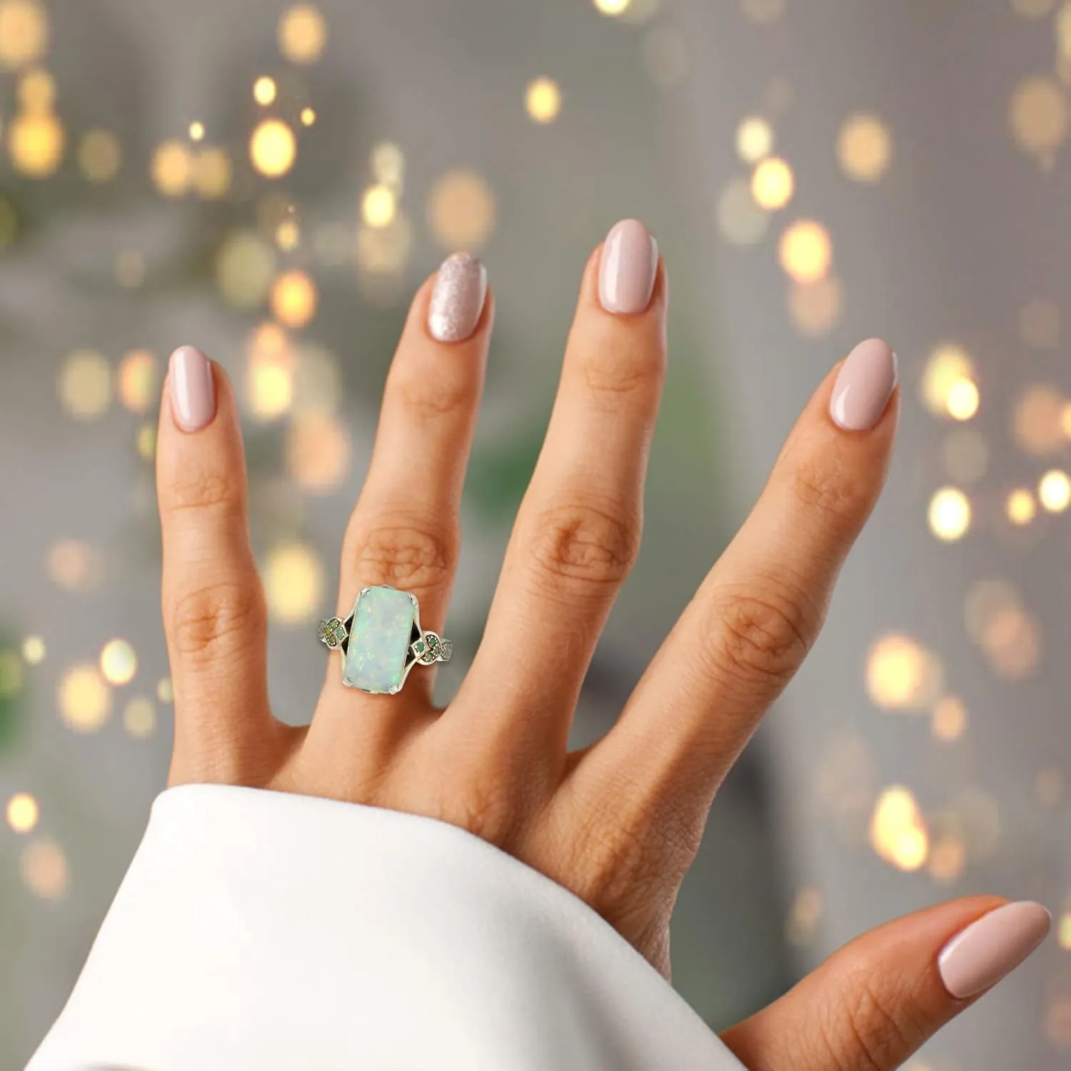 Gemstone Birthstone Ring for Women,Sterling Silver Square Opal Inlaid Antique Gem Rings Engagement Wedding Anniversary Bands