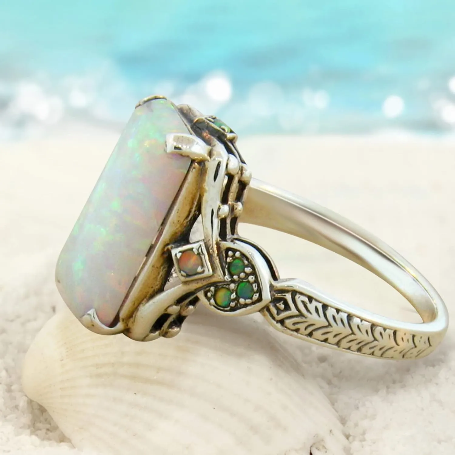 Gemstone Birthstone Ring for Women,Sterling Silver Square Opal Inlaid Antique Gem Rings Engagement Wedding Anniversary Bands