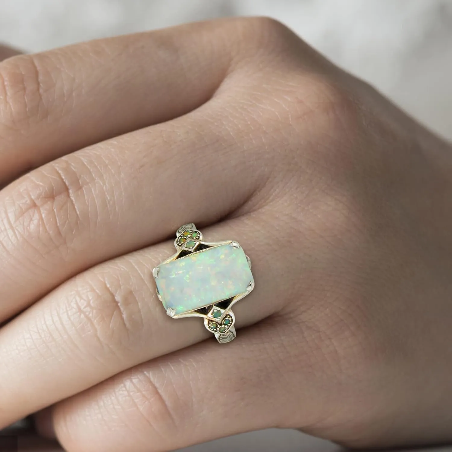 Gemstone Birthstone Ring for Women,Sterling Silver Square Opal Inlaid Antique Gem Rings Engagement Wedding Anniversary Bands