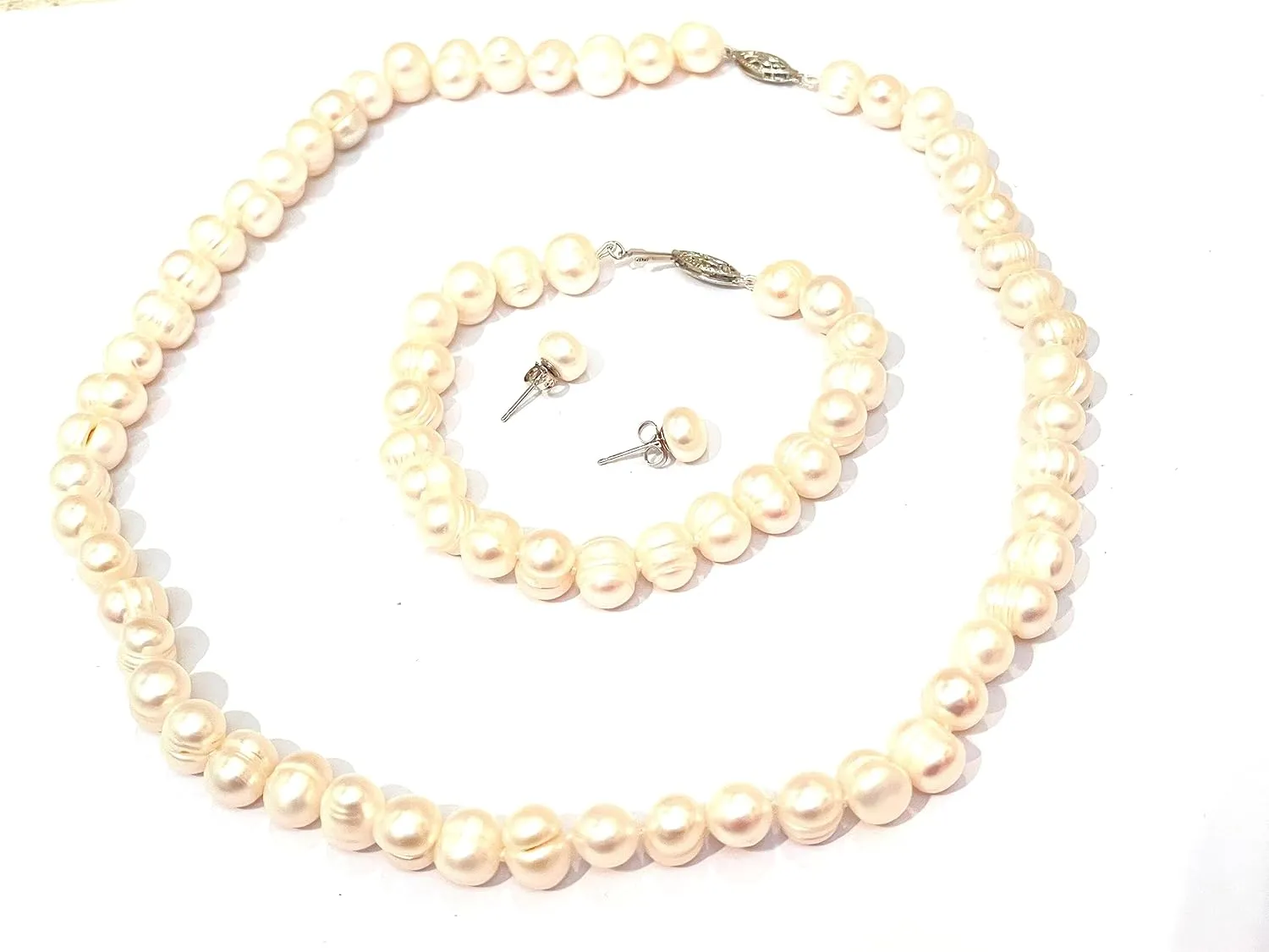 Genuine Natural Freshwater Cultured Pearl Necklace Set 18"   Bracelet Stud Earrings 8-8.5mm Round Baroque Pearl Individually Silk String Handknotted SOLID Sterling Silver Real Pearl Jewelry for Women