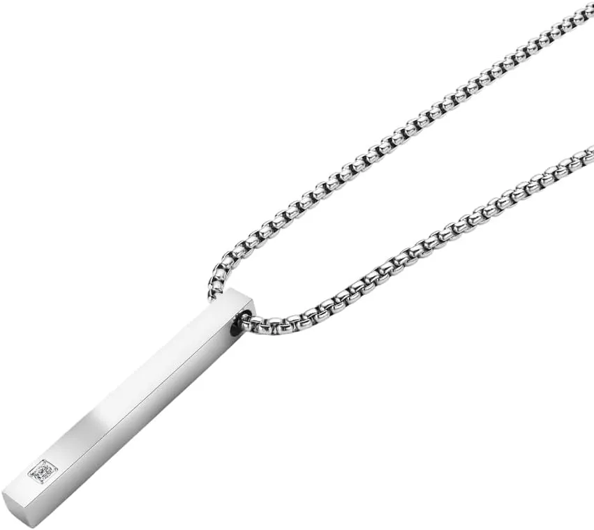 Geoffrey Beene Stainless Steel 3D Vertical Bar CZ Pendant Necklace