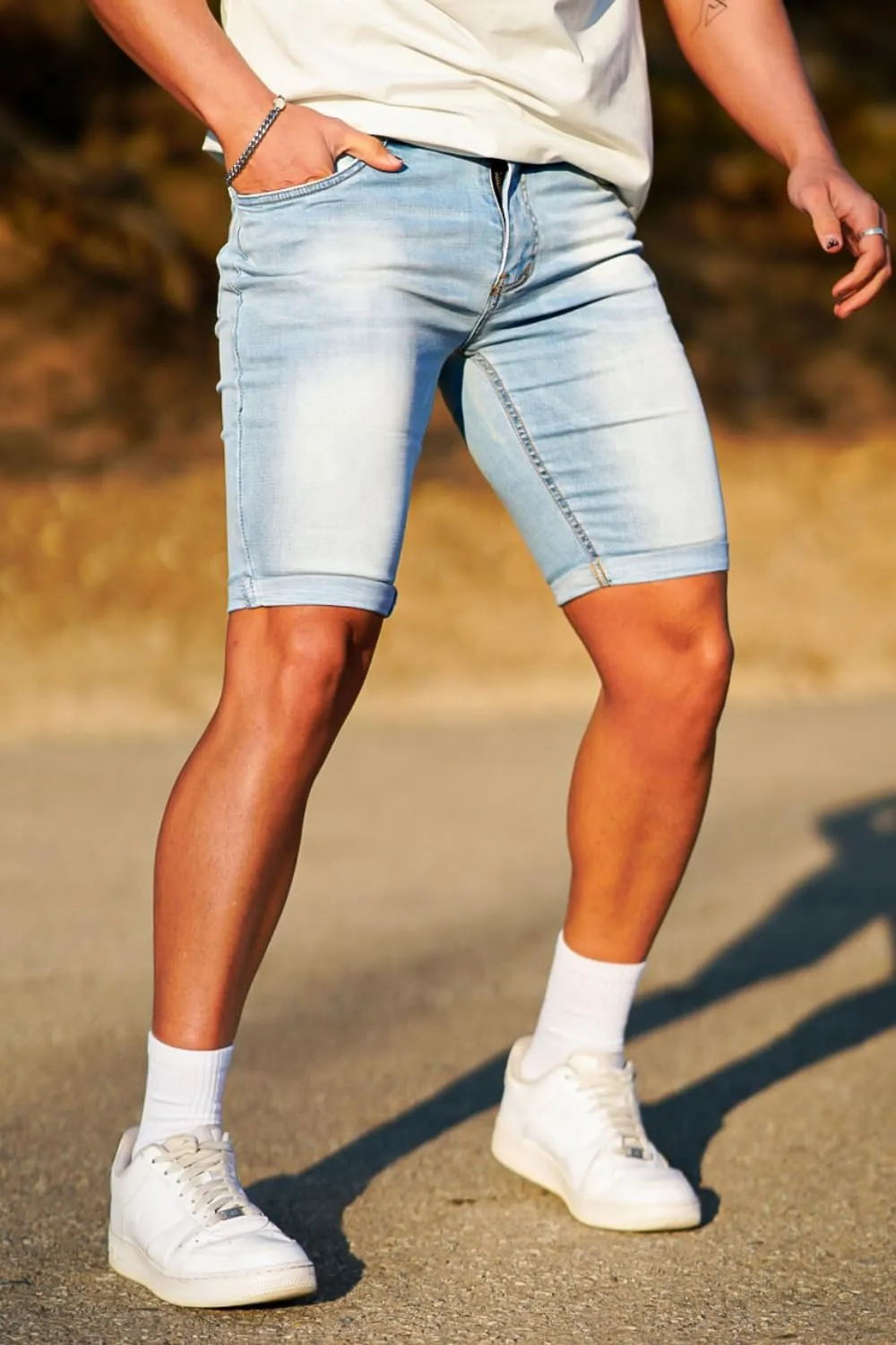 GINGTTO Denim Shorts Men Stretch Skinny Jean Shorts for Men