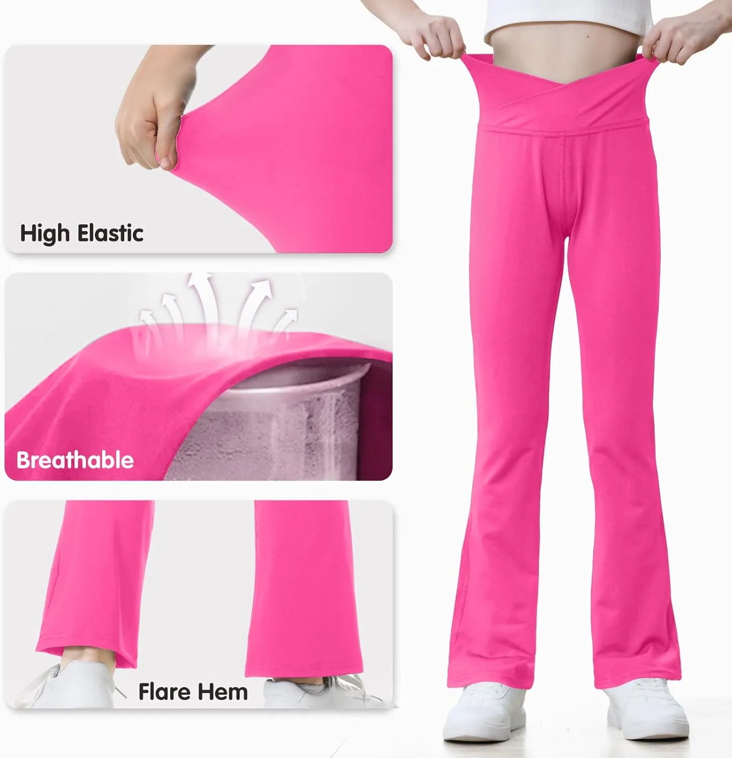 Girls Flare Leggings Black Pink Crossover High Waisted Workout Running Dance Bootleg Yoga Pants