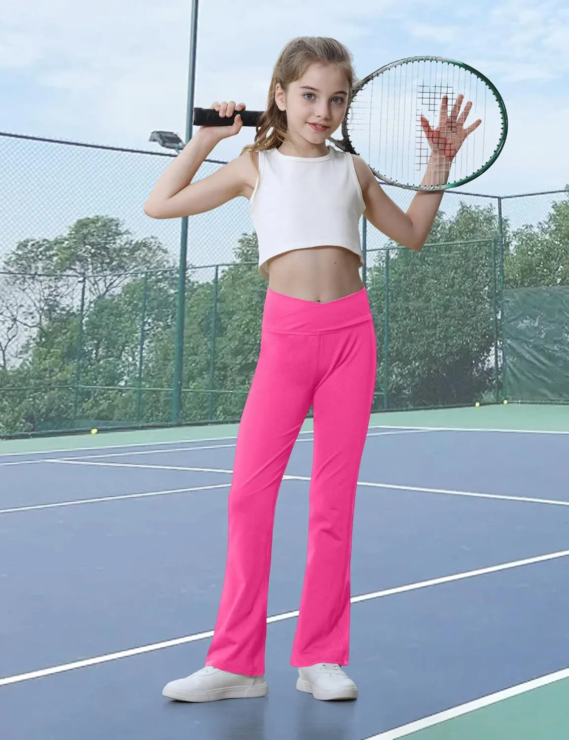 Girls Flare Leggings Black Pink Crossover High Waisted Workout Running Dance Bootleg Yoga Pants