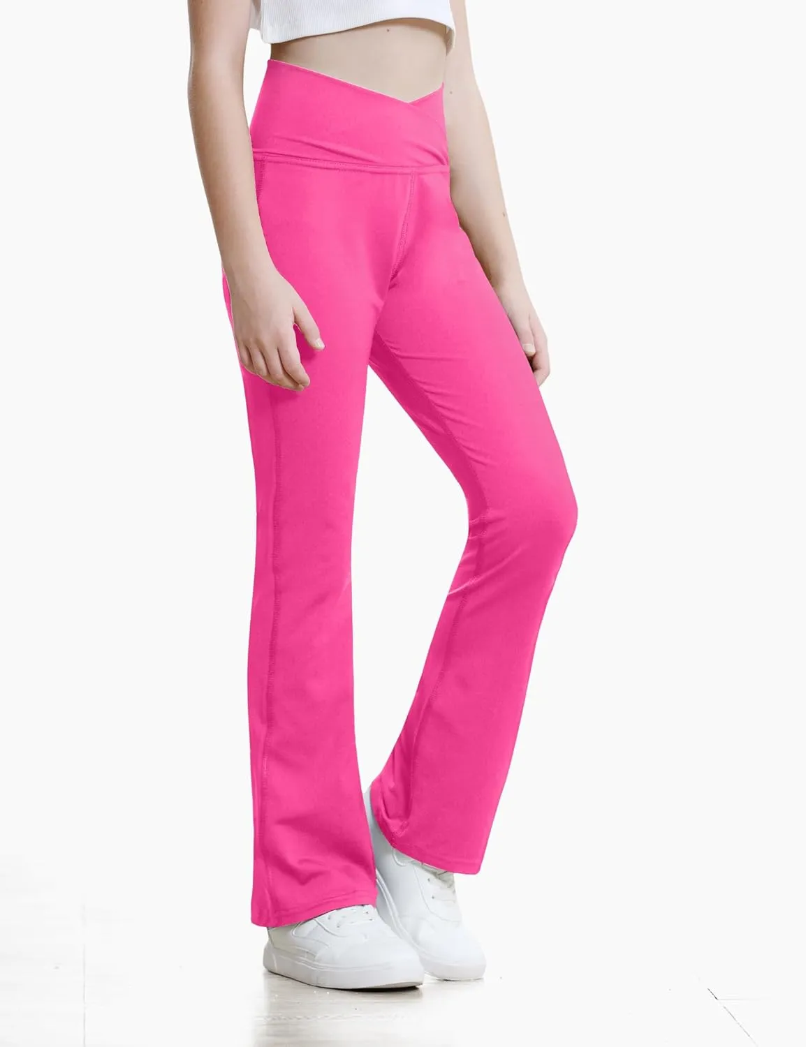 Girls Flare Leggings Black Pink Crossover High Waisted Workout Running Dance Bootleg Yoga Pants
