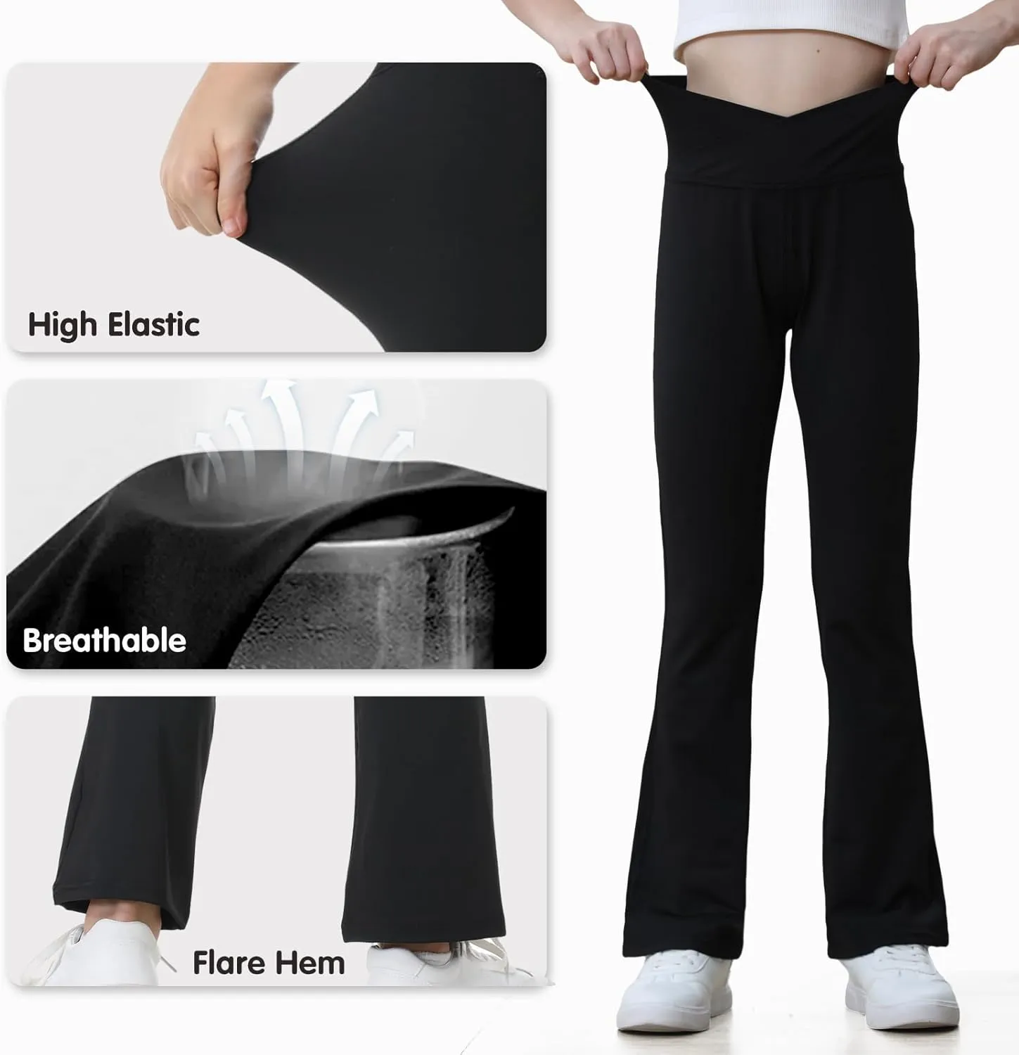 Girls Flare Leggings Black Pink Crossover High Waisted Workout Running Dance Bootleg Yoga Pants