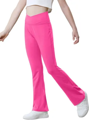 Girls Flare Leggings Black Pink Crossover High Waisted Workout Running Dance Bootleg Yoga Pants