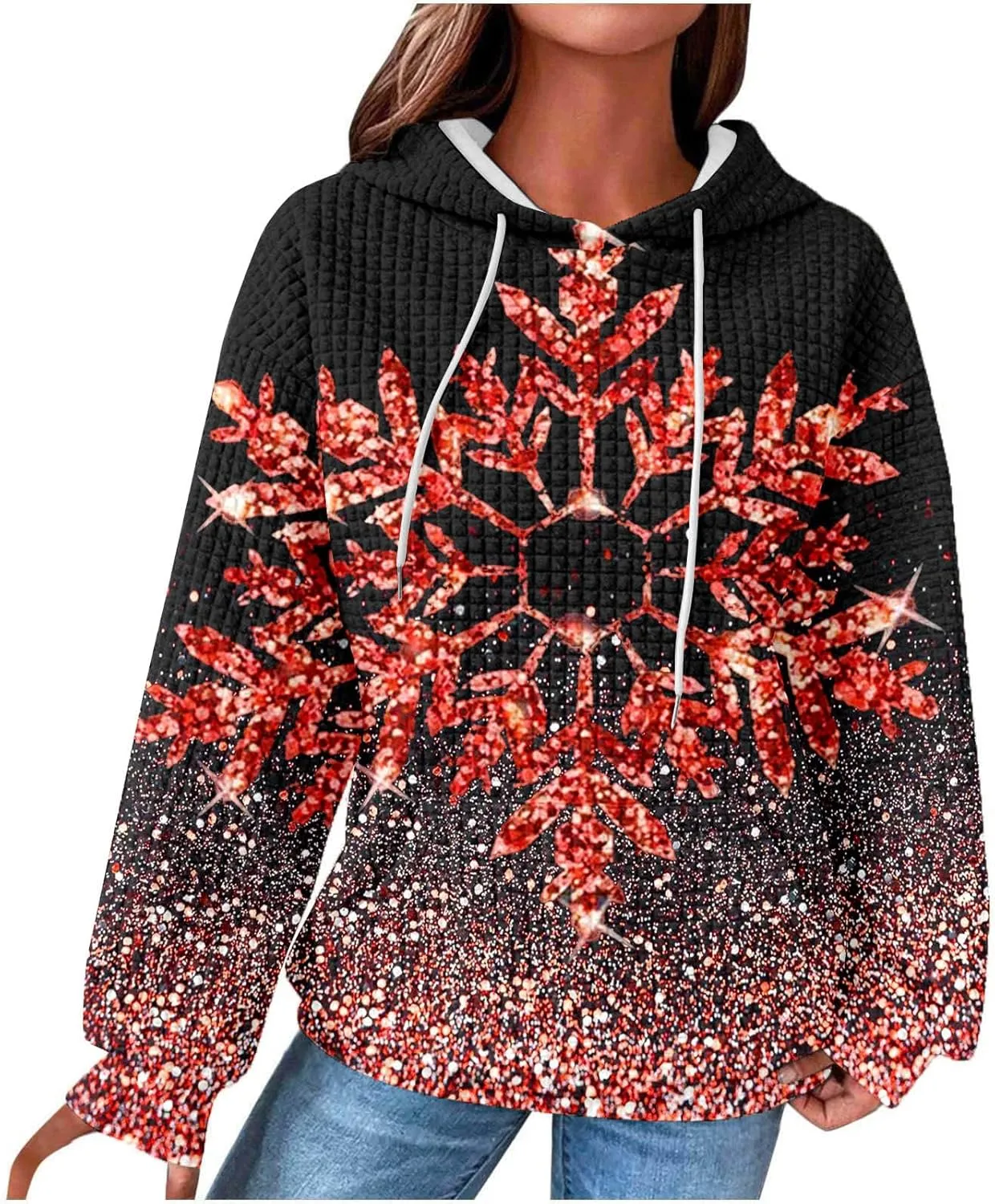Glitter Snowflake Hoodie for Women Sparkly Pullover Oversized Winter Graphic Hooded Sweatshirt Casual Zip Up Top