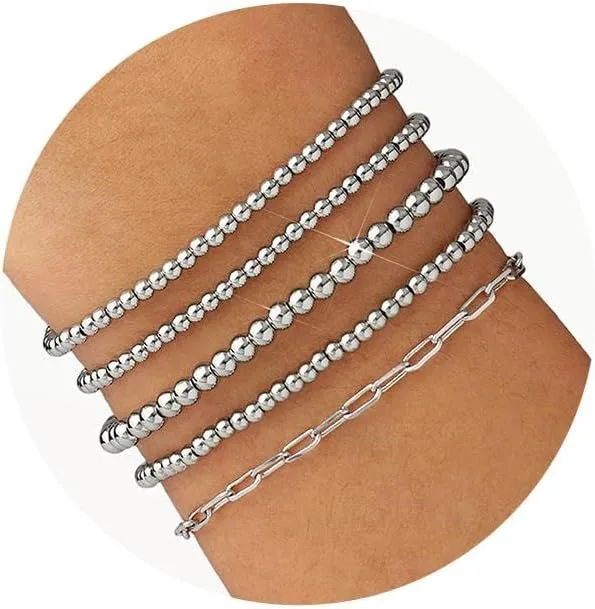 Gold Beaded Bracelet for Women 14K Gold Plated Bracelets Gold Stretch Bead Ball Bracelets Hypoallergenic Stackable Bracelet Set