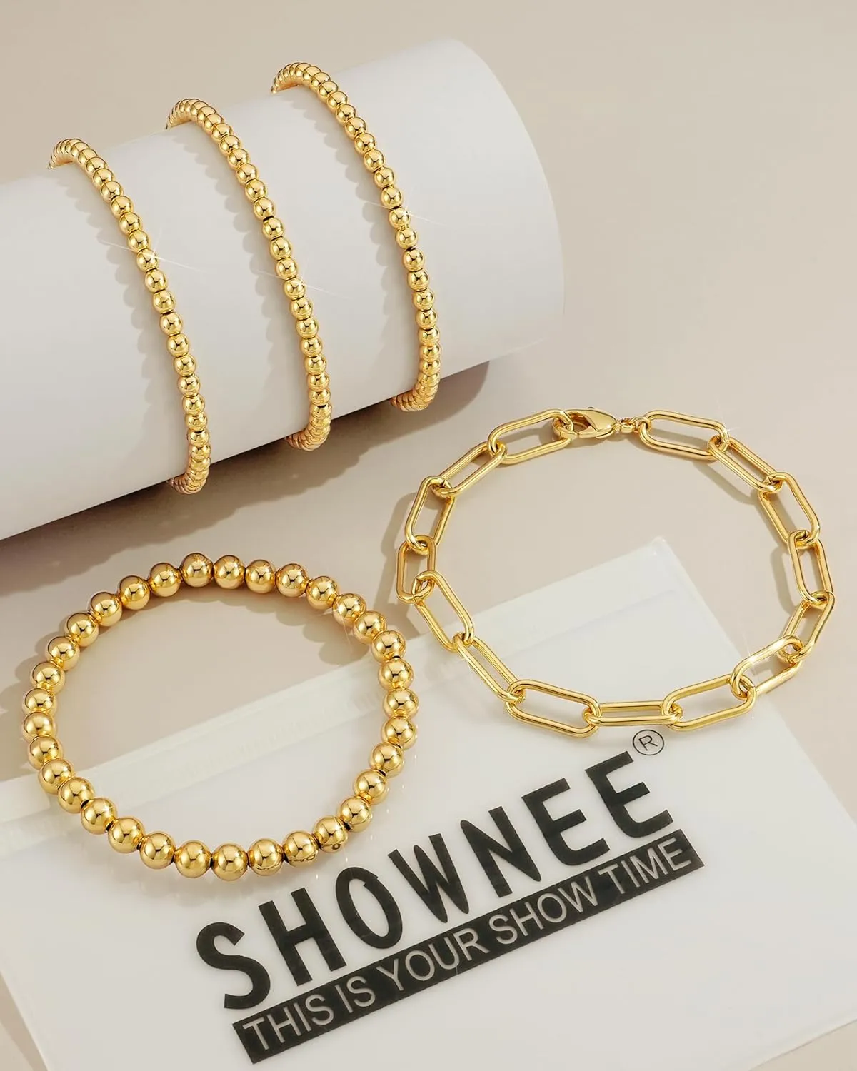 Gold Beaded Bracelet for Women 14K Gold Plated Bracelets Gold Stretch Bead Ball Bracelets Hypoallergenic Stackable Bracelet Set
